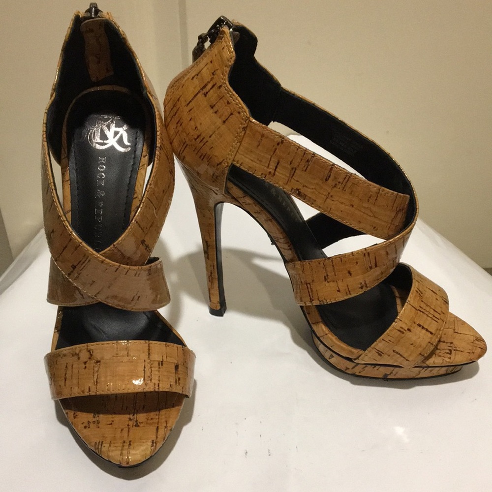 Rock & Republic strap stilettos pump heels sandals natural glaze cork size 6
